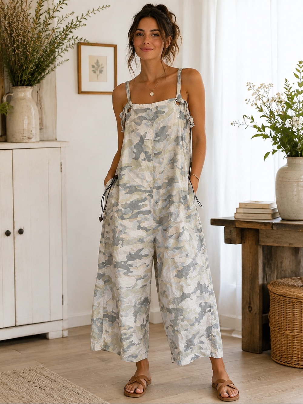 Light Sage Camouflage Wide-Leg Jumpsuit